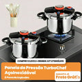 Kit com duas panelas de pressão TurboChef em aço inoxidável no fogão, com kit de utensílios de brinde