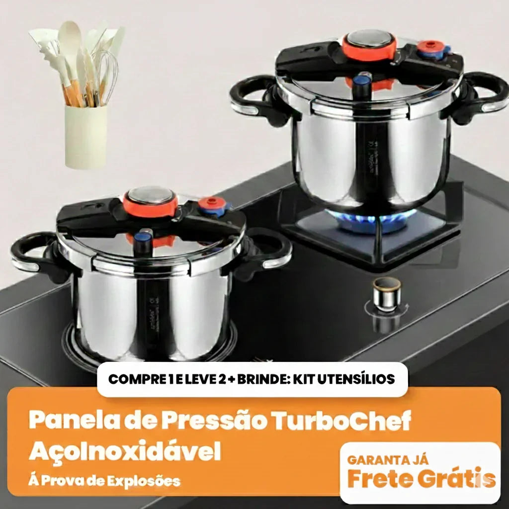 Kit com duas panelas de pressão TurboChef em aço inoxidável no fogão, com kit de utensílios de brinde
